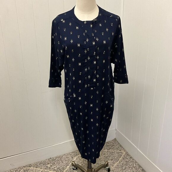 Vintage Gitano Women's Small Blue Print Button Down 3/4 Sleeve Midi Dress - Picture 1 of 14